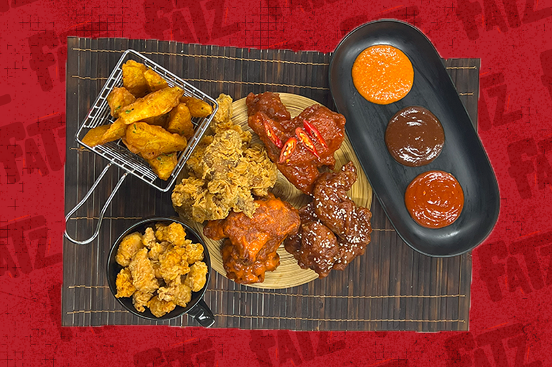 The combo consists of 4 types of wings. 'BBQ Wings', 'Mara Hot Wings', 'Crispy Wings' and 'Peri-Peri Wings' with Chicken Popcorn and Deep Fried Wedges